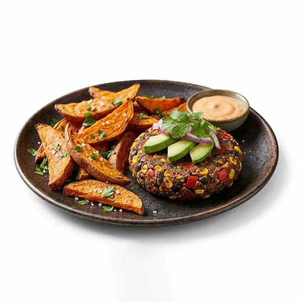 Southwest Black Bean Burger Patty with Sweet Potato Wedges